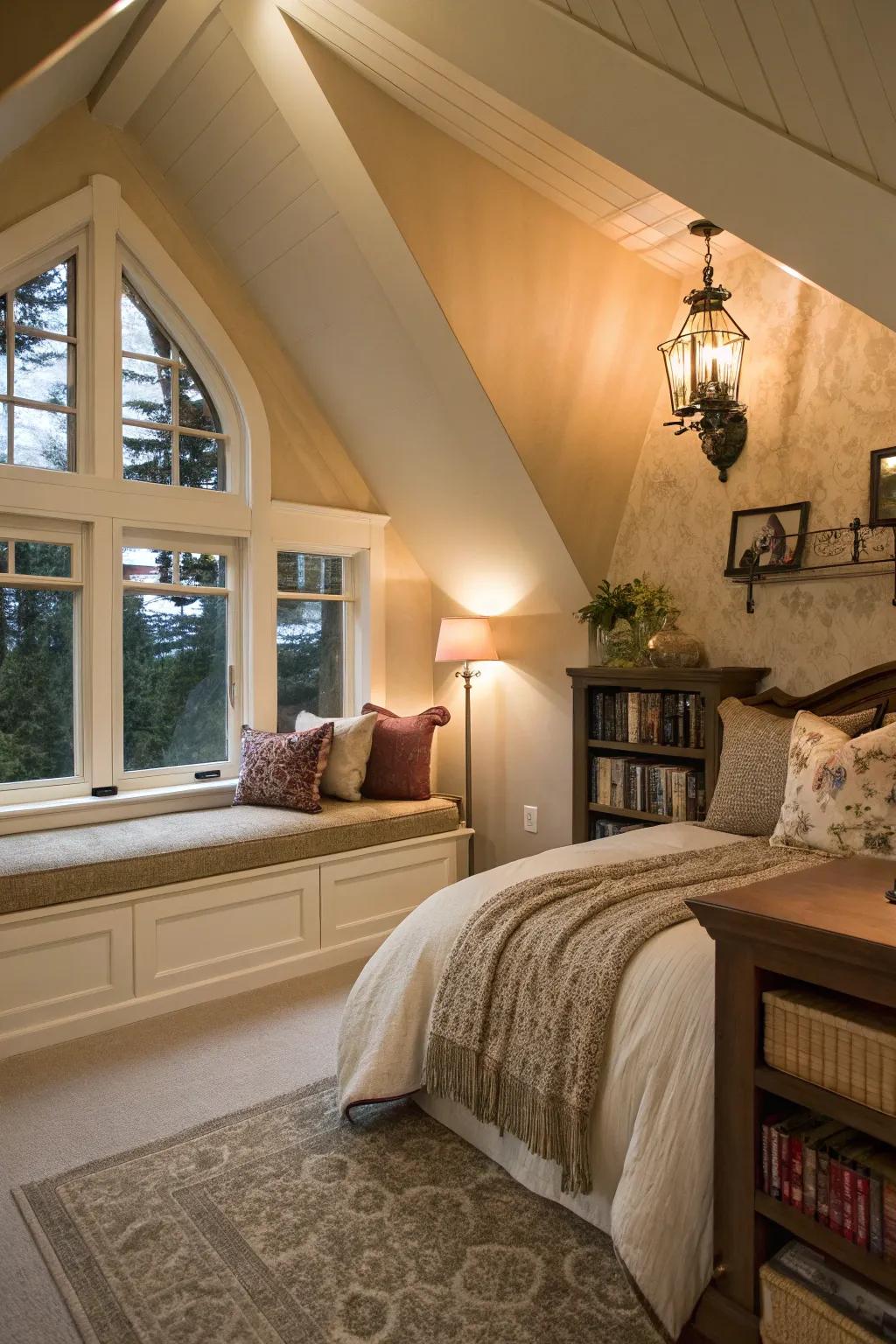 A cozy nook can make use of unique angles in a vaulted ceiling bedroom.