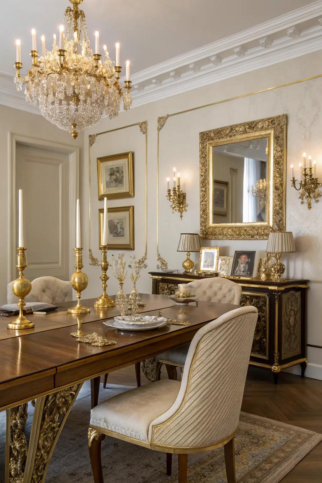 Gold accents add a hint of glamour and luxury to this vintage dining room.