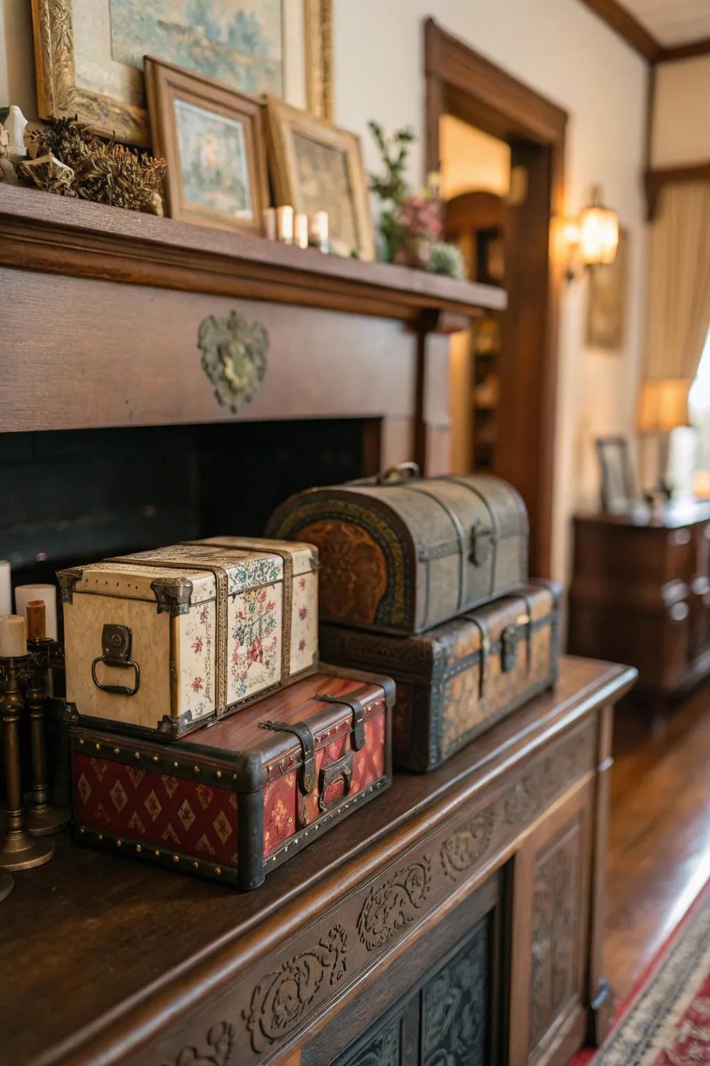 Antique trunks and boxes add depth and history to this beautifully styled mantel.