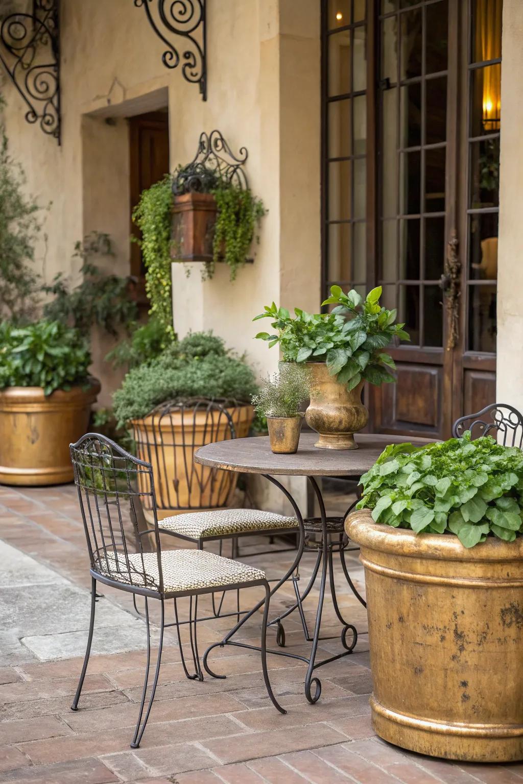 Metal accents like iron chairs and brass planters add elegance to this vintage patio.