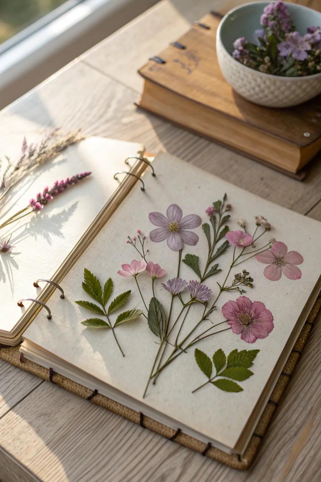 Preserve the beauty of nature in your scrapbook with pressed flowers, blending vintage charm with minimalist elegance.