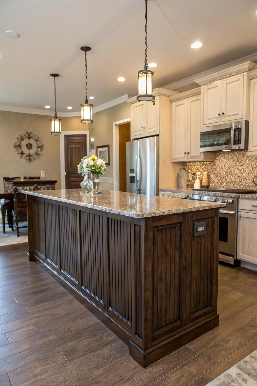 Textural wainscoting adds interest to this stylish kitchen island.