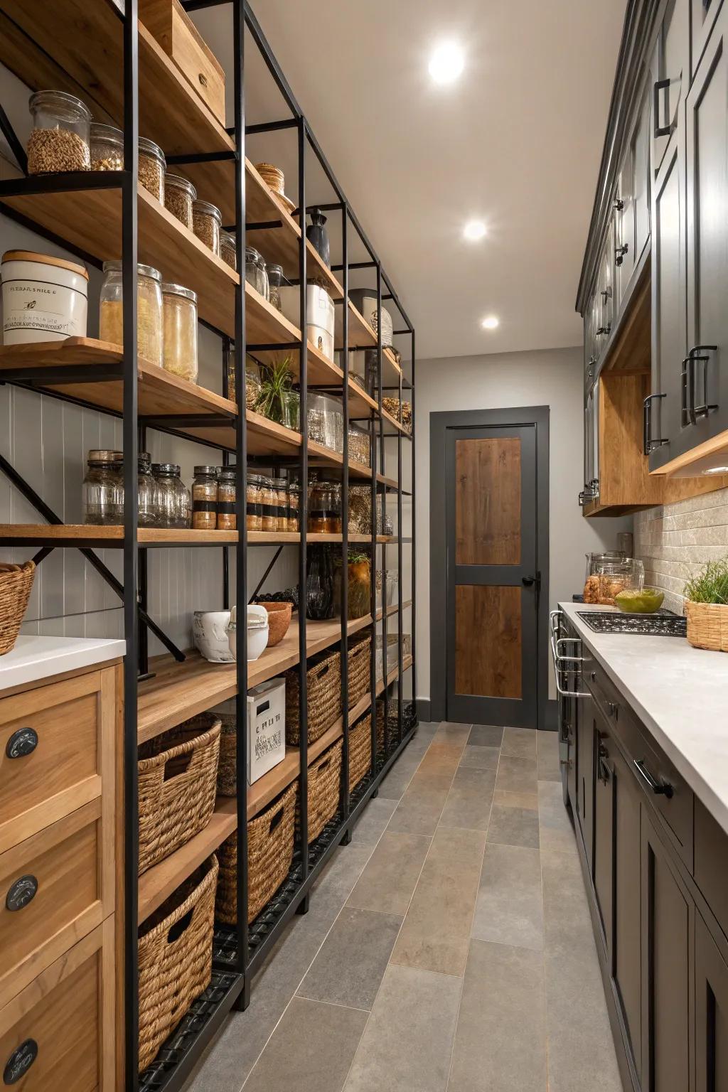 Industrial style elements in a walk-in pantry for a modern look.