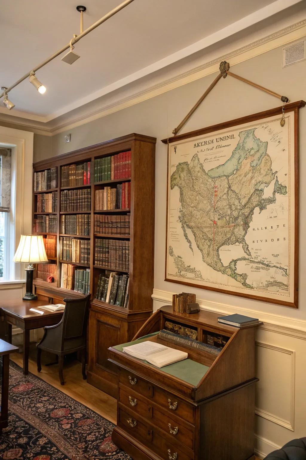 A vintage map of Boston adds nostalgia and charm to this study.