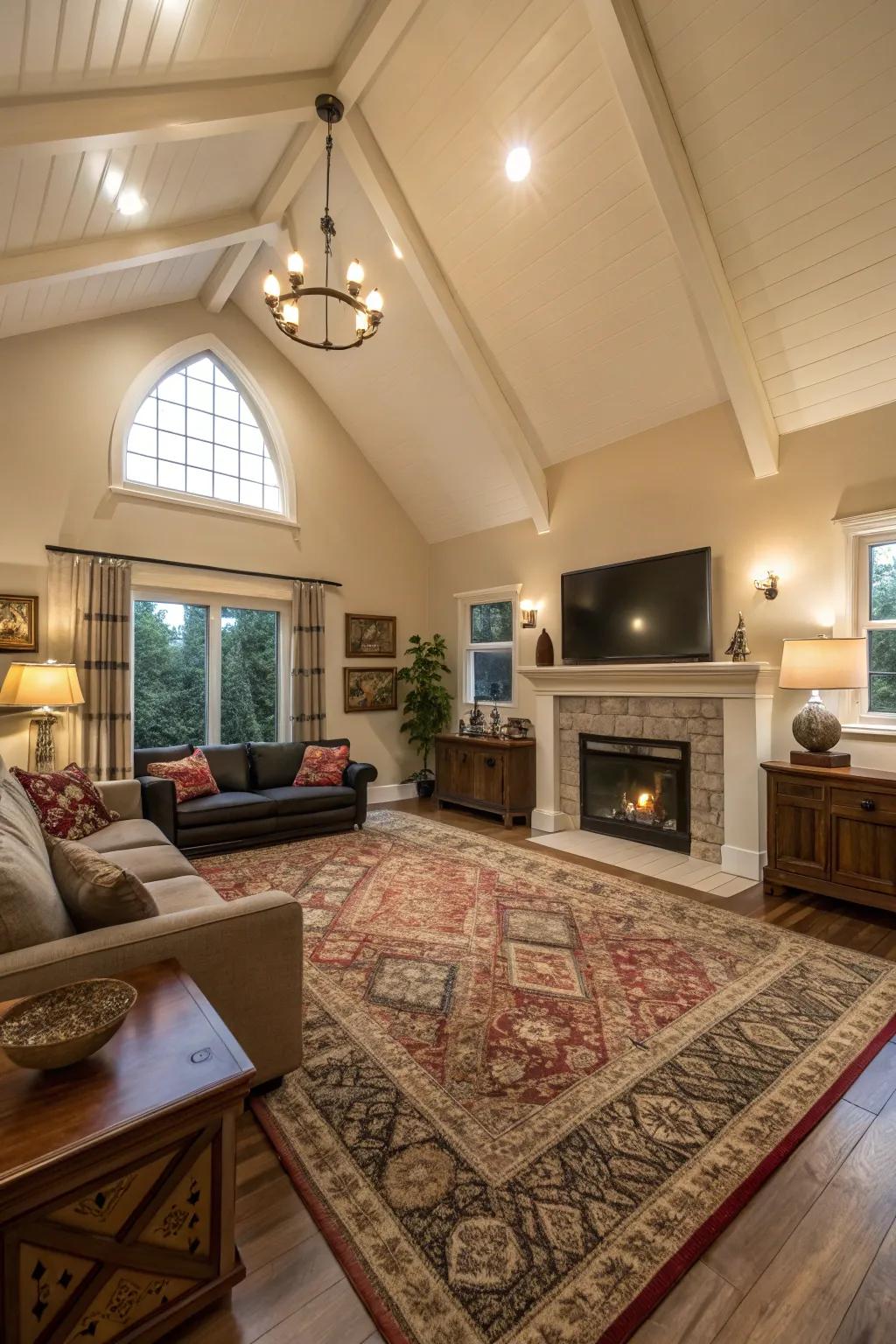 Layered rugs anchor the room and complement high ceilings.