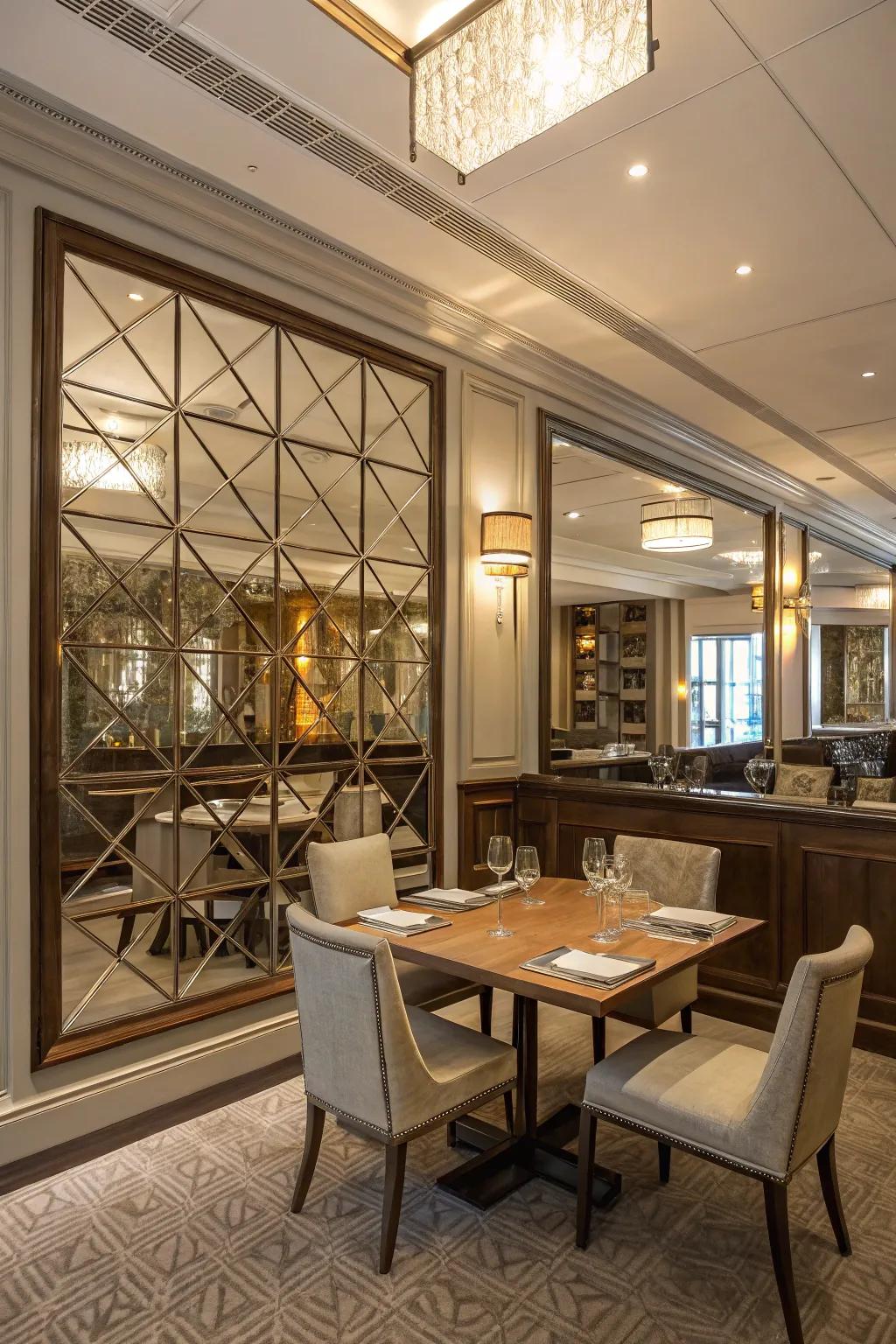 Dining area with a unique combination of mirrors and paneling.