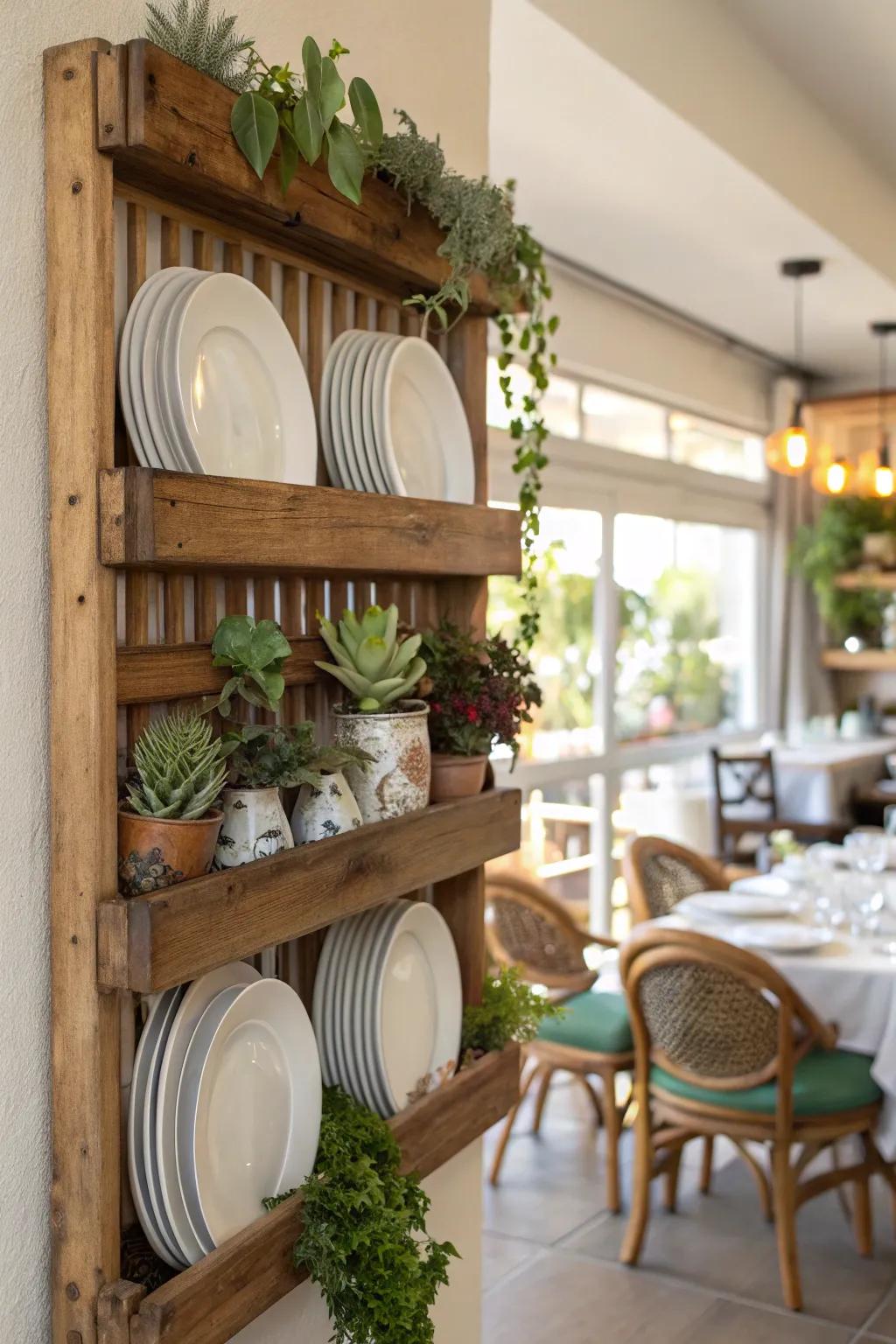 A natural plate rack merging greenery with functional design.