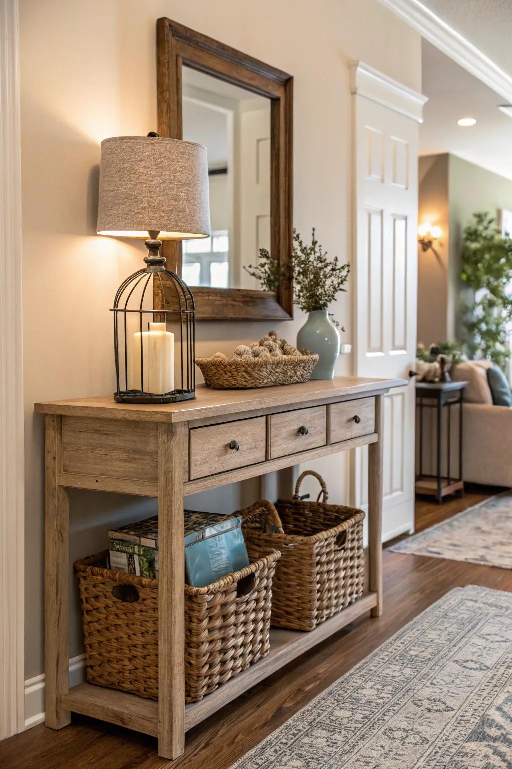 Console tables offer stylish and practical entryway storage.