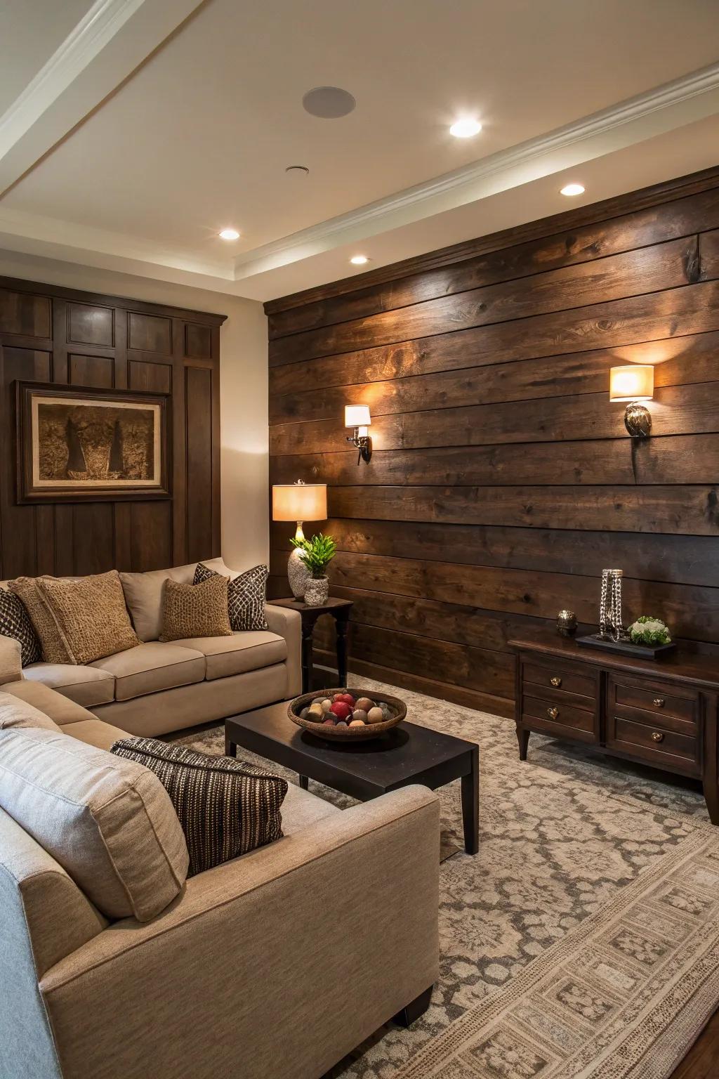 Dark stained wood adds richness and sophistication.