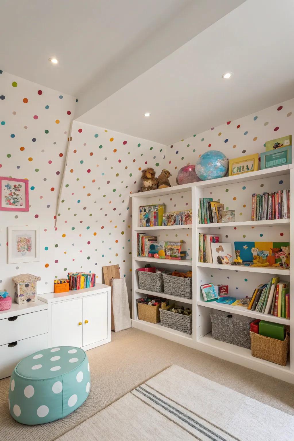 A fun child's room with polka dot wallpaper and crisp whites.