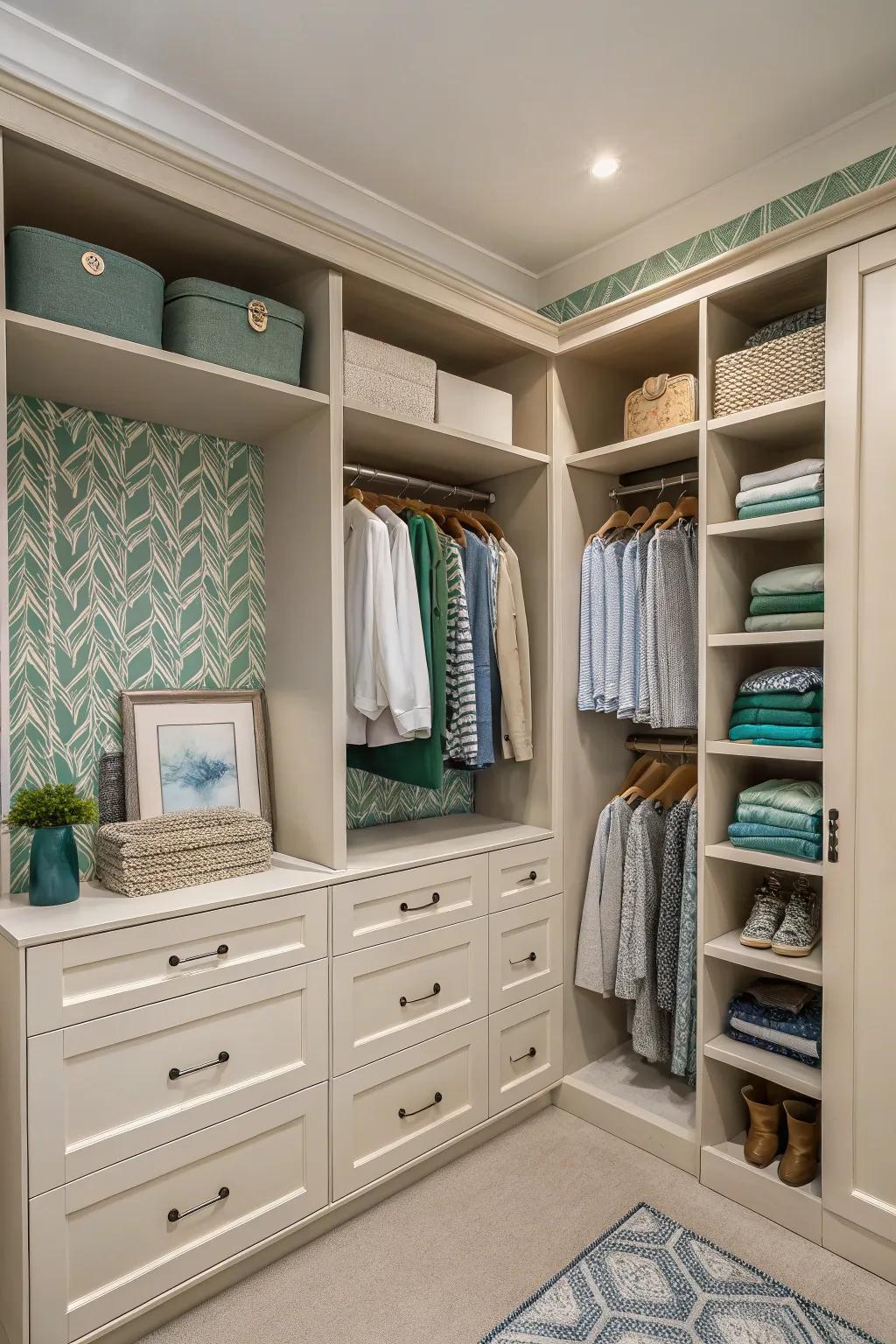 A unifying color scheme creates harmony and balance in the wardrobe room.