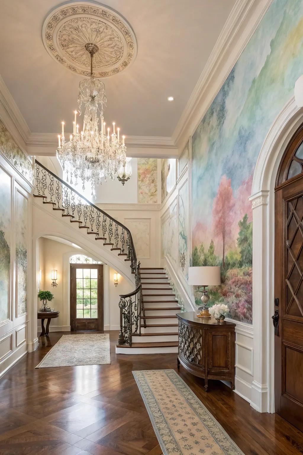 A sophisticated layered watercolor background enhances an elegant foyer.