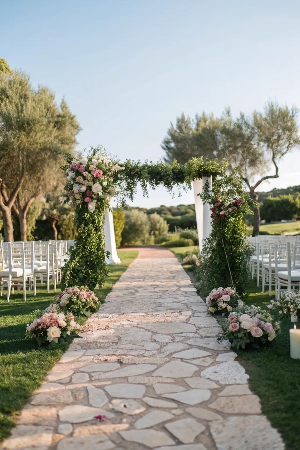 A rustic stone pathway for a garden wedding aisle.