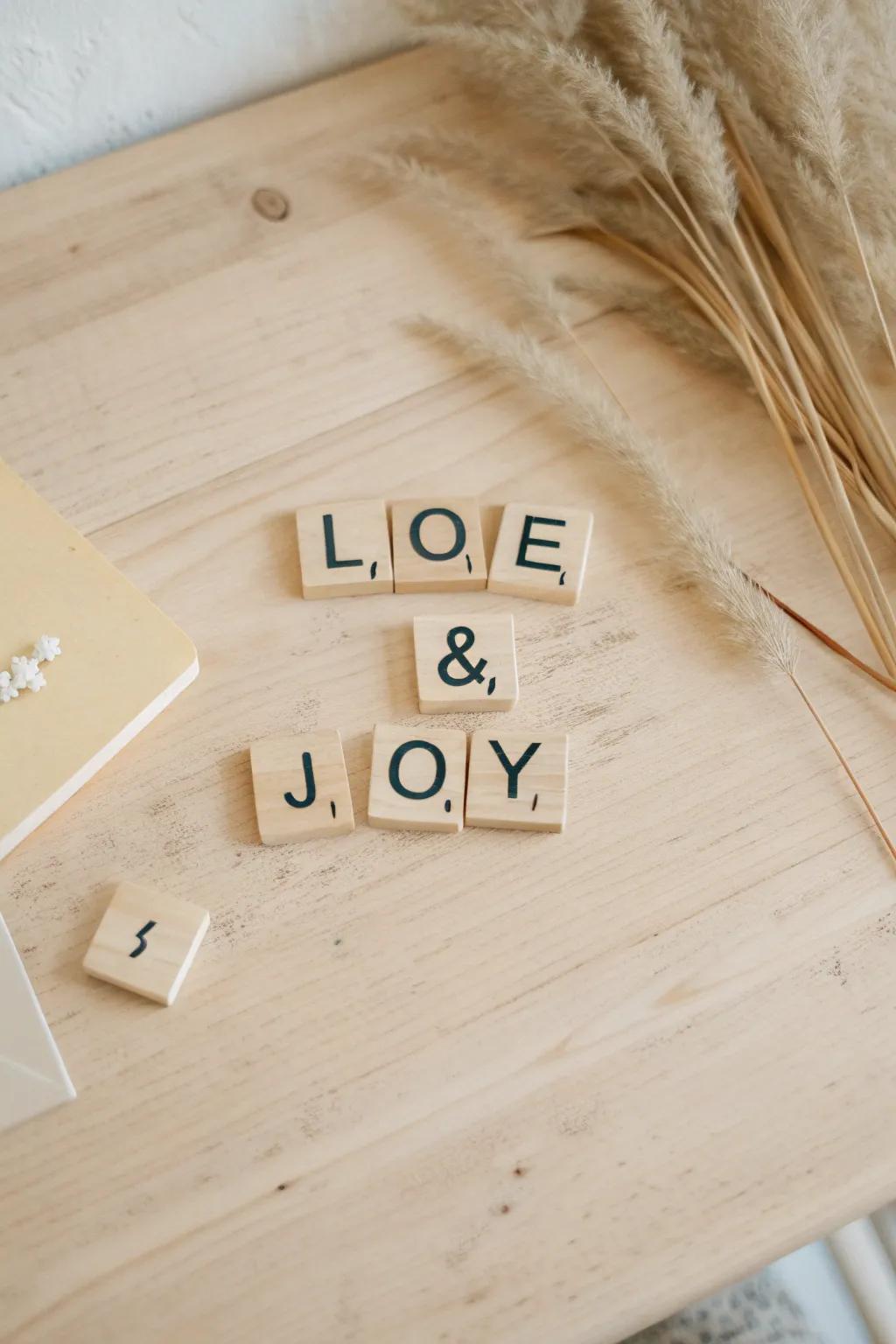 Spell out your wishes with style: Scrabble tile sentiments for your wedding guest board.