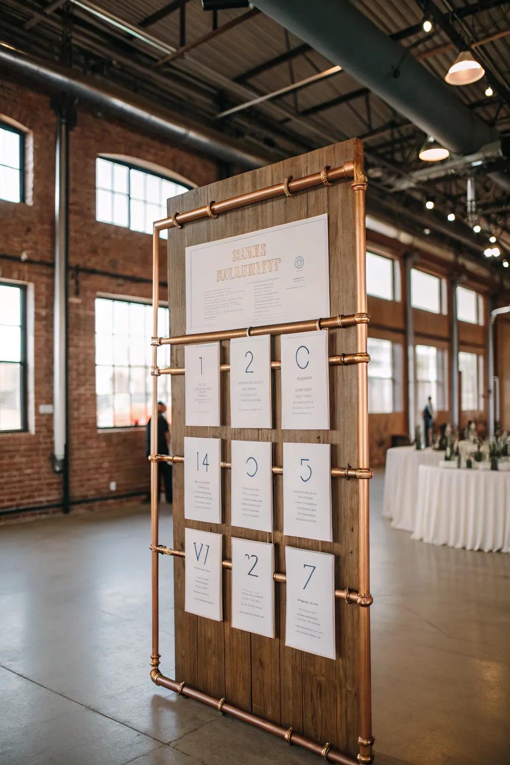 Copper pipes framing a seating chart, bringing an industrial-chic feel to a loft wedding setting.