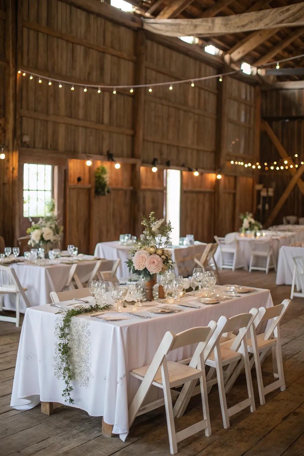 Farmhouse tables adding rustic charm and warmth.