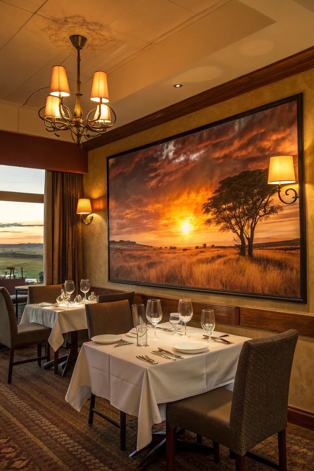 A sunset painting over the plains adds warmth and openness to this dining area.