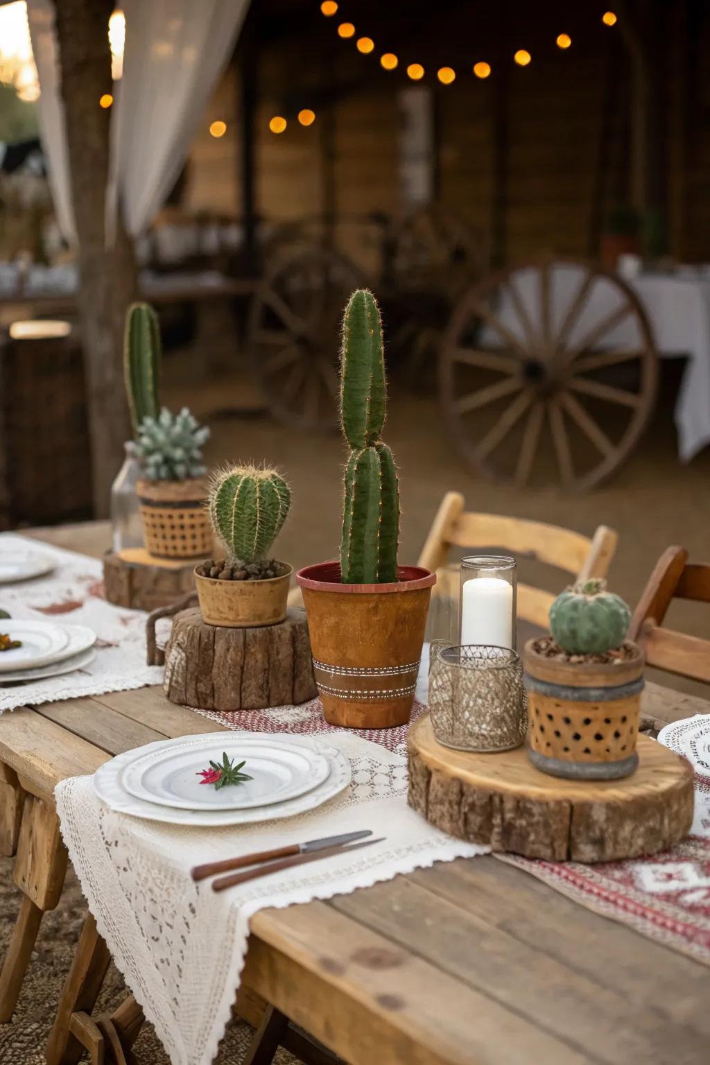 Cactus centerpieces introducing a desert-inspired look.