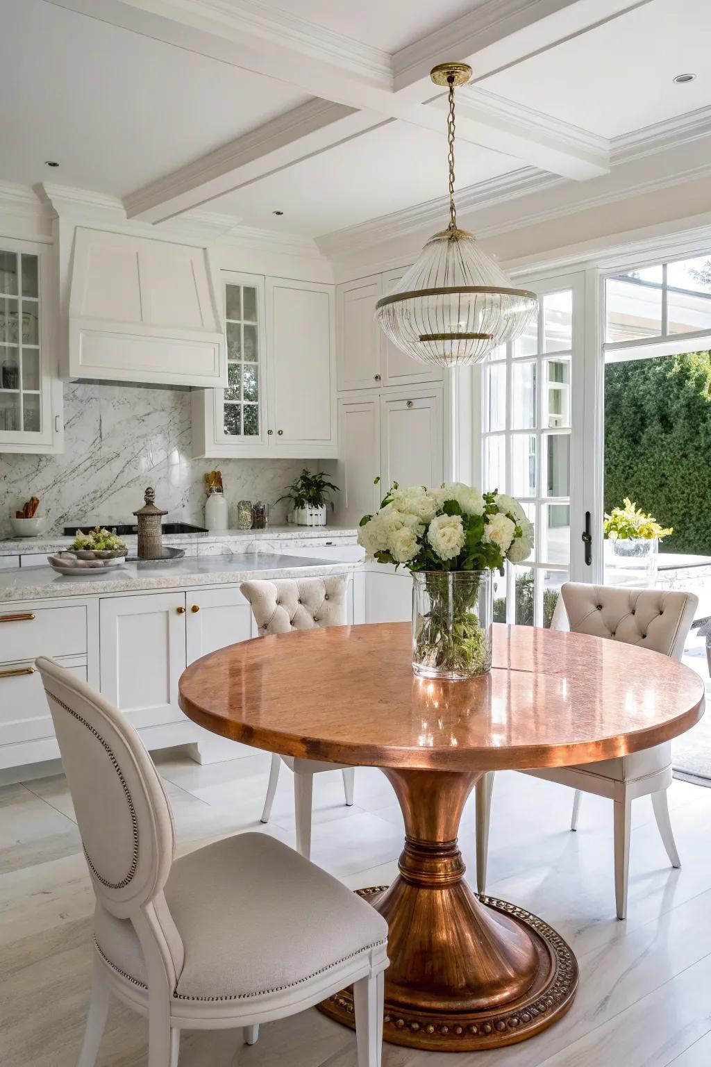 A copper-plated dining table serves as an elegant focal point.