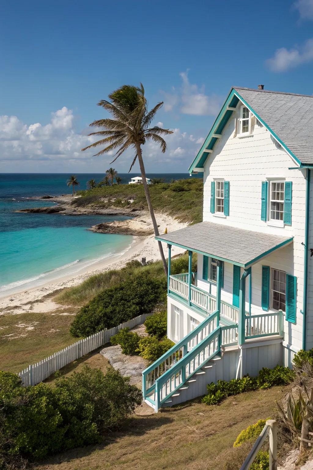 Turquoise trim provides a vibrant, beachy vibe to this lively white home.