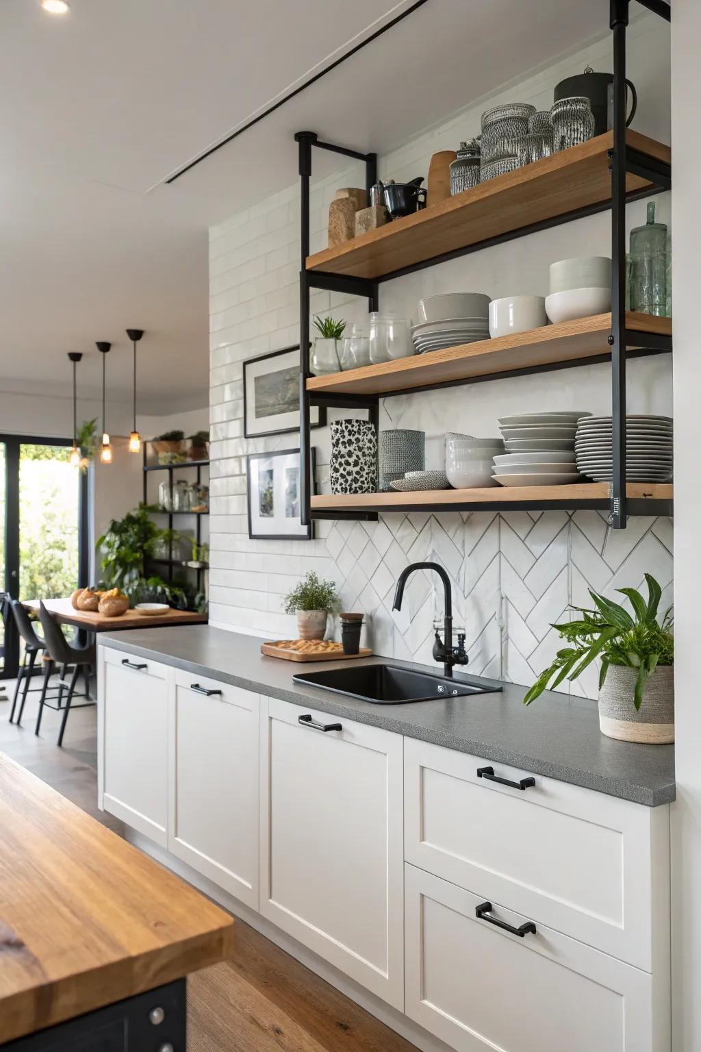 Open shelving paired with black hardware for a modern kitchen design.