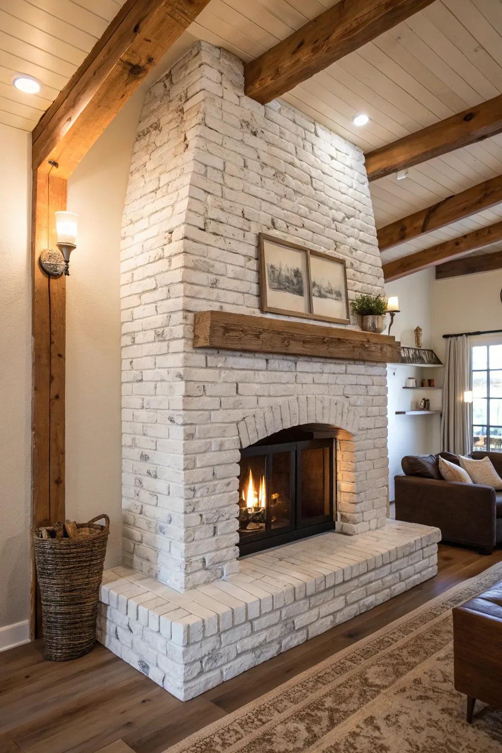 A rustic living room with a German Schmear whitewashed brick fireplace.