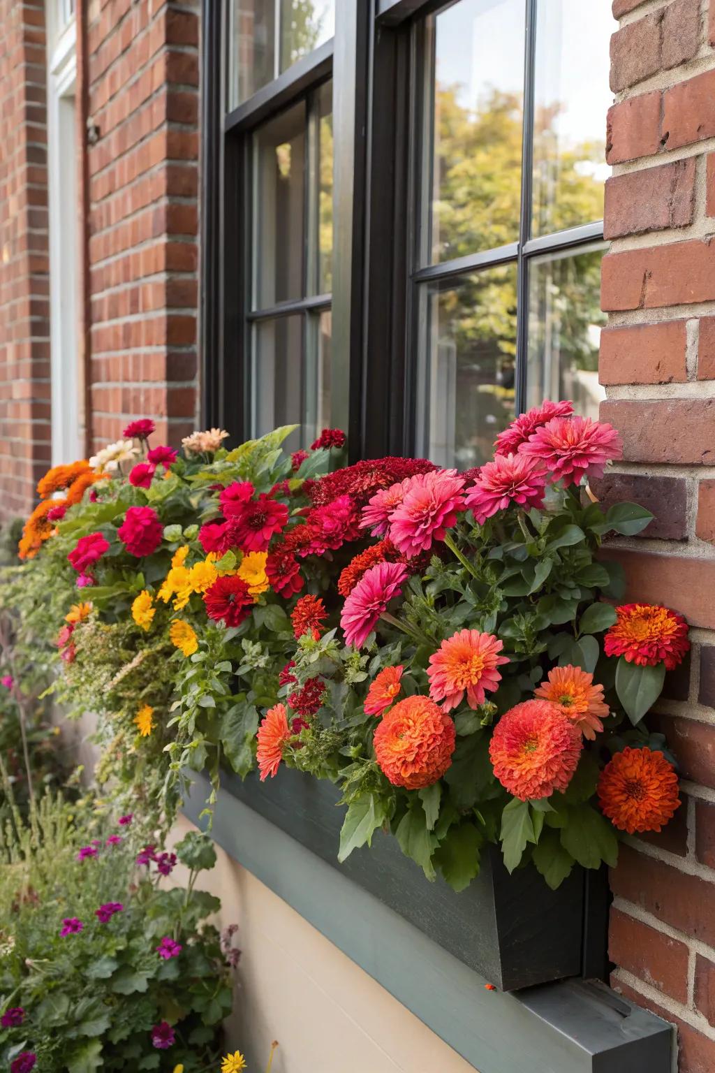 Bold and bright flowers like zinnias and dahlias add a festive touch to any window box.