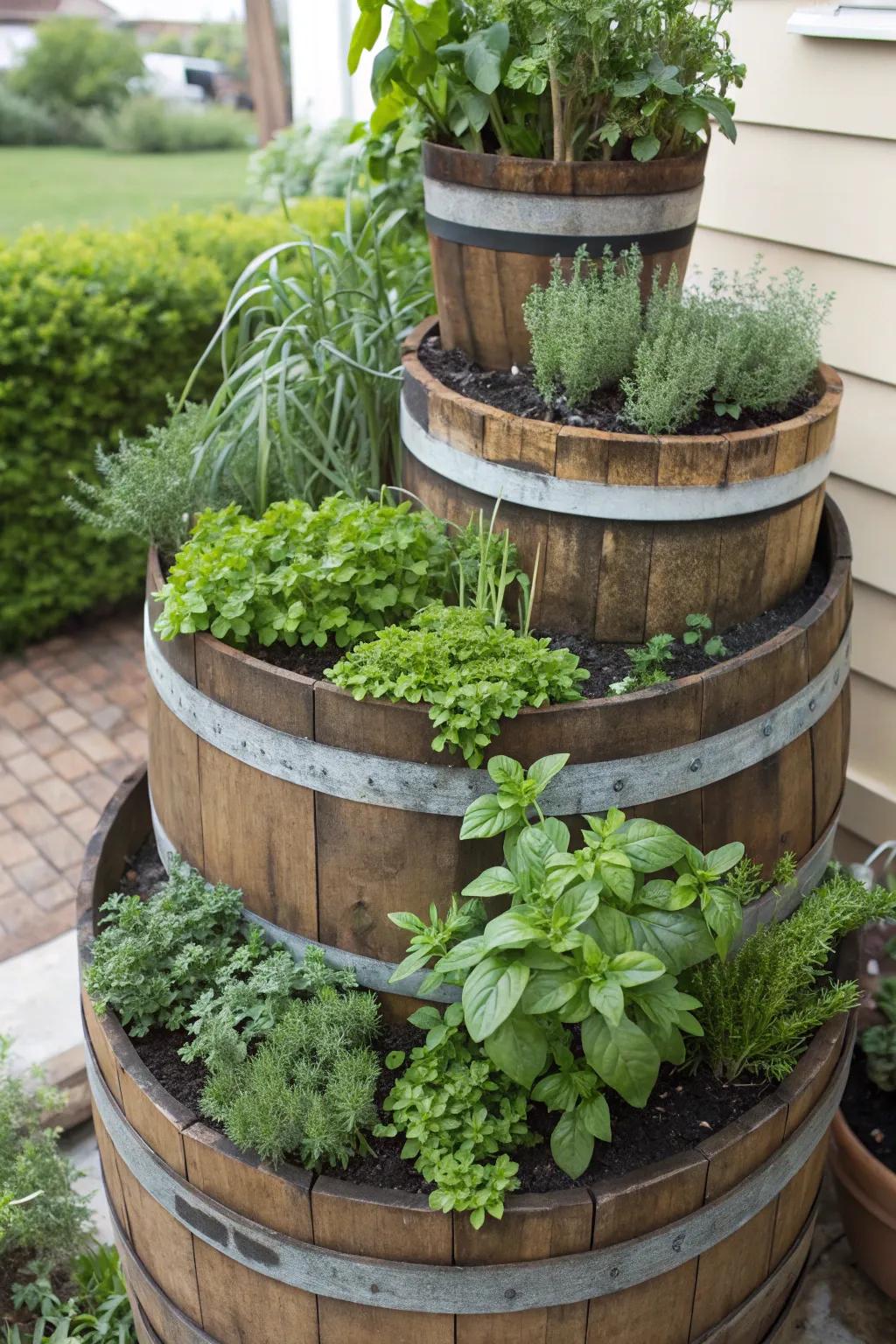 A wine barrel herb garden is a fresh and stylish way to grow herbs.