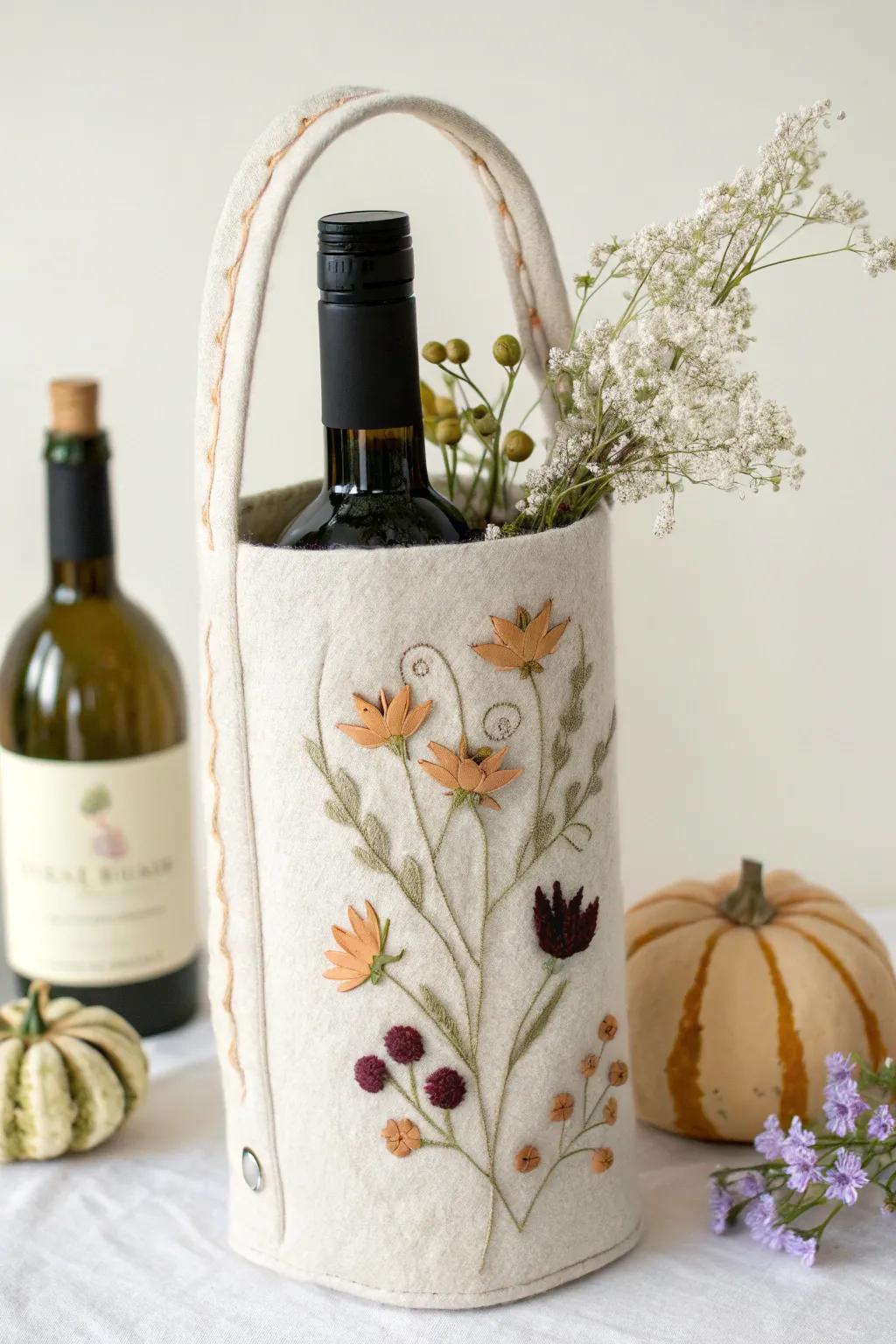 Embrace the seasons with this beautifully crafted felt wine bottle bag, perfect for adding a touch of cozy elegance to your gatherings.