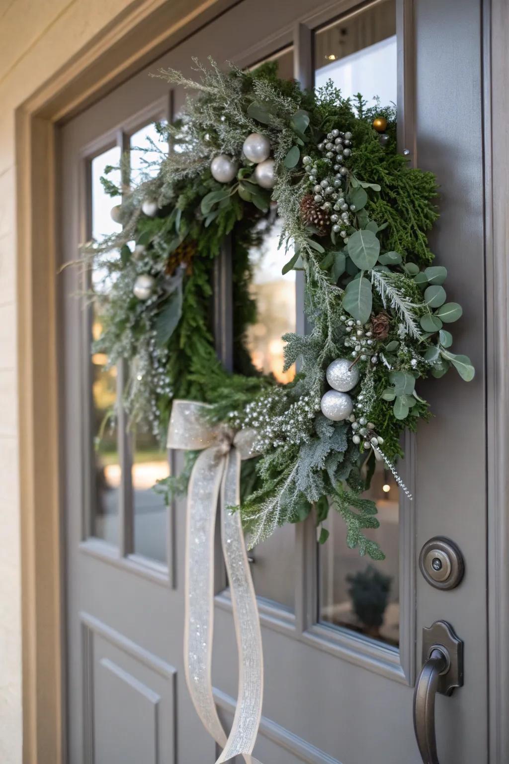 A winter wonderland wreath welcomes guests with elegance.