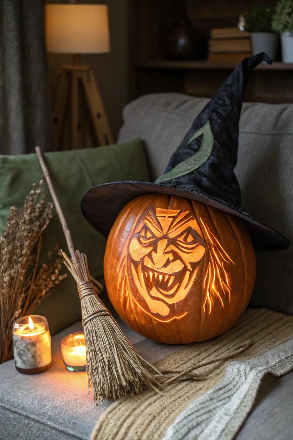 A witch pumpkin complete with a charming miniature broomstick.