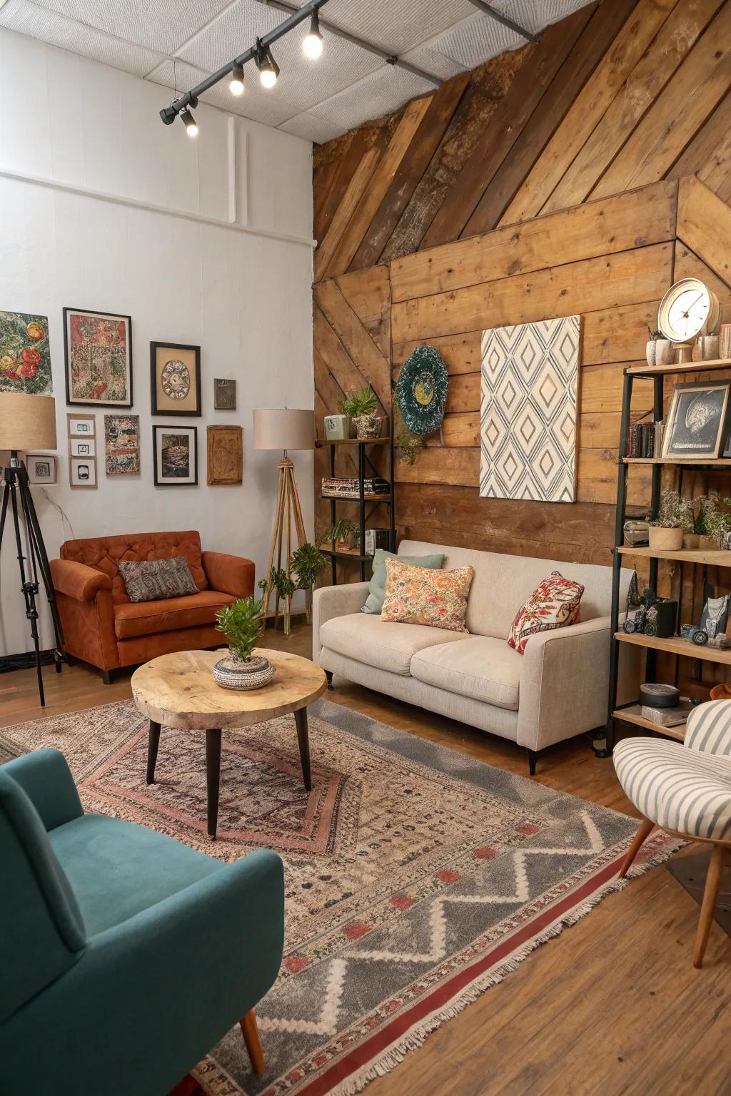 A creative studio living room with a mixed wood tone accent wall.