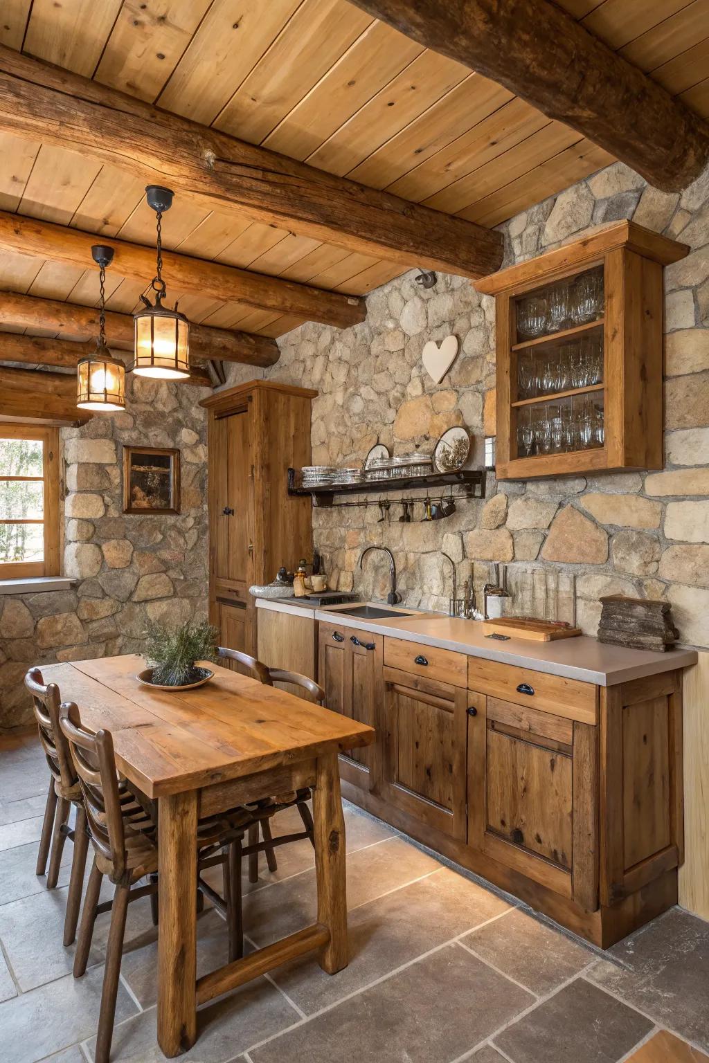 A rustic kitchen featuring a log cabin style wood backsplash.