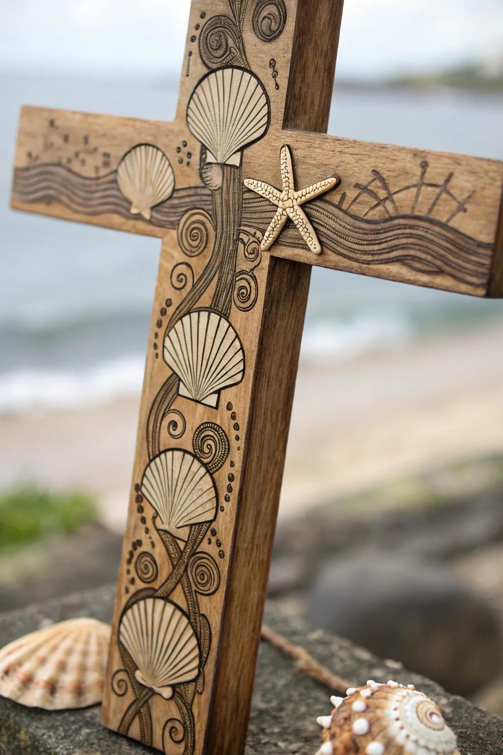 Ocean themes bring a serene and beachy vibe to this wooden cross.