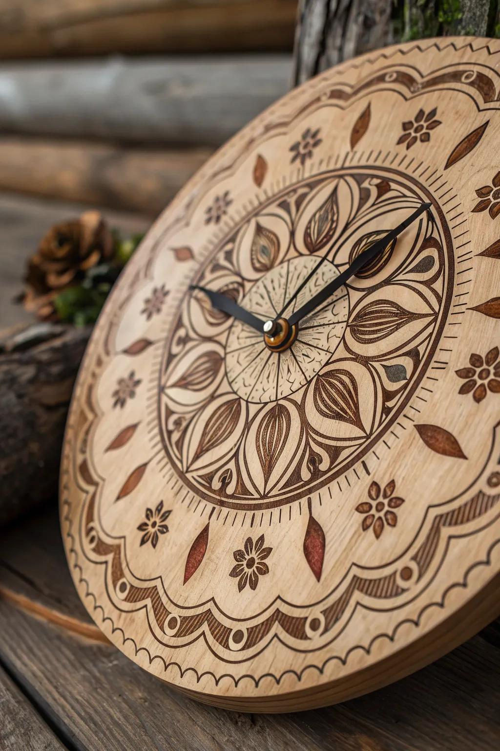 Time meets artistry: Discover the elegance of handcrafted wood-burned wall clocks.
