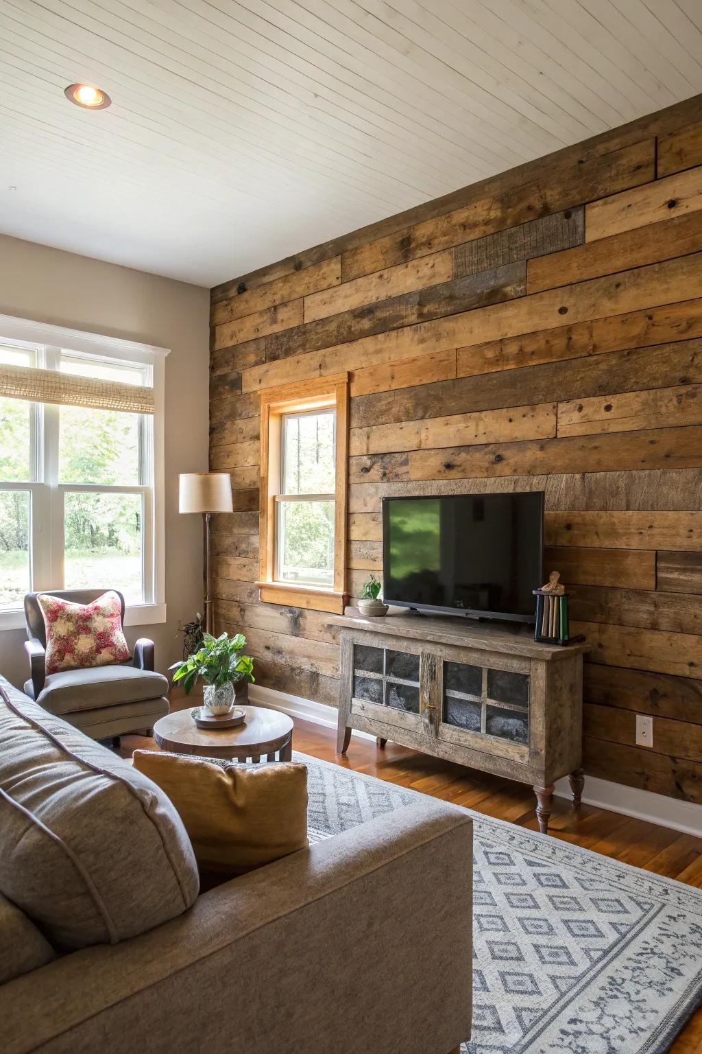 Living room featuring a rustic reclaimed wood plank wall.