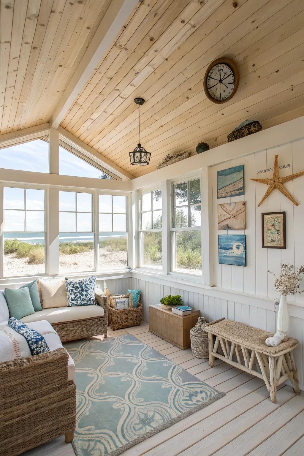 A coastal vibe is brought indoors with light wood planks.