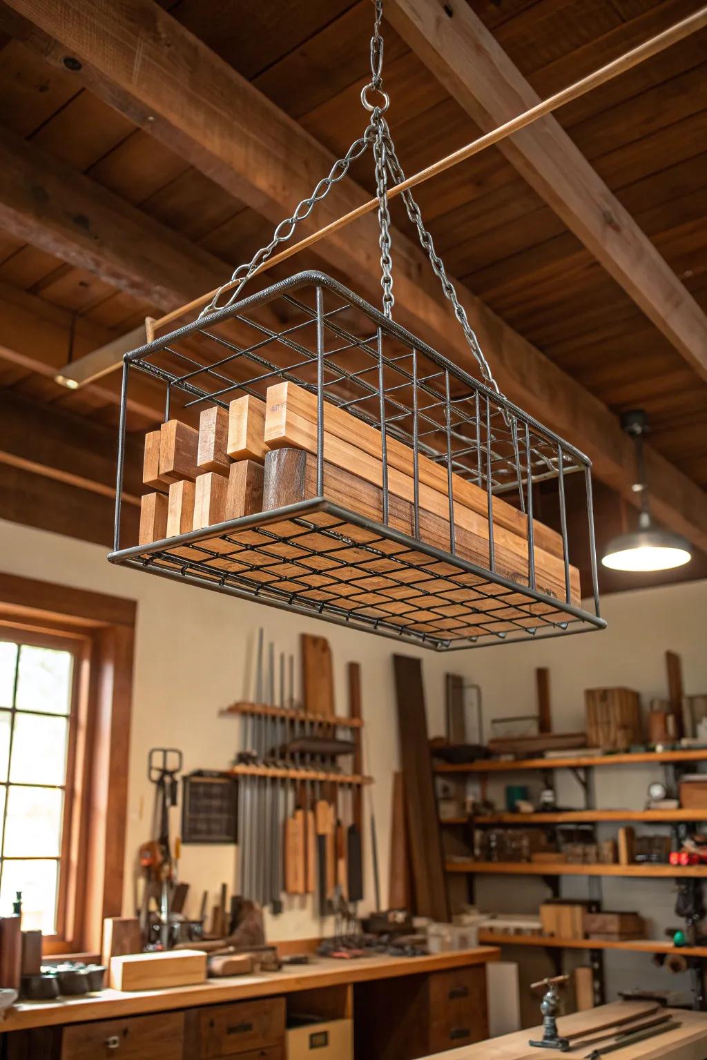 Elevate your woodworking space with suspended wire racks - the perfect blend of strength and style.