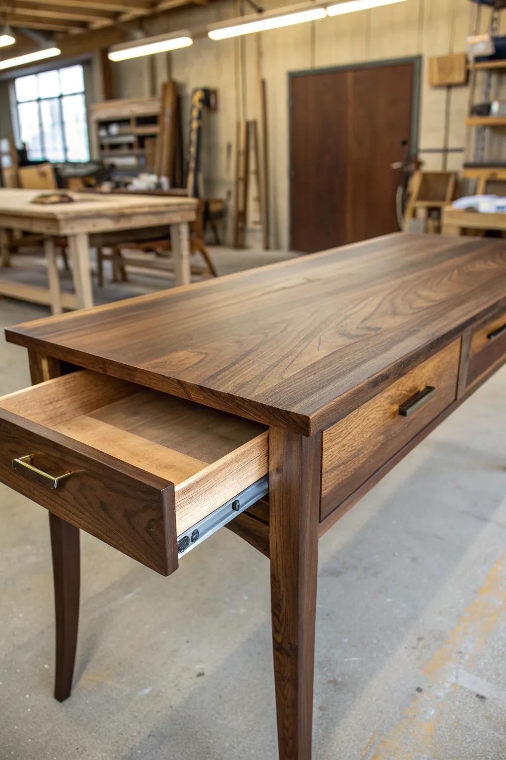 Unlock the secrets of craftsmanship with this stunning wooden desk, featuring a hidden compartment for your most treasured items.