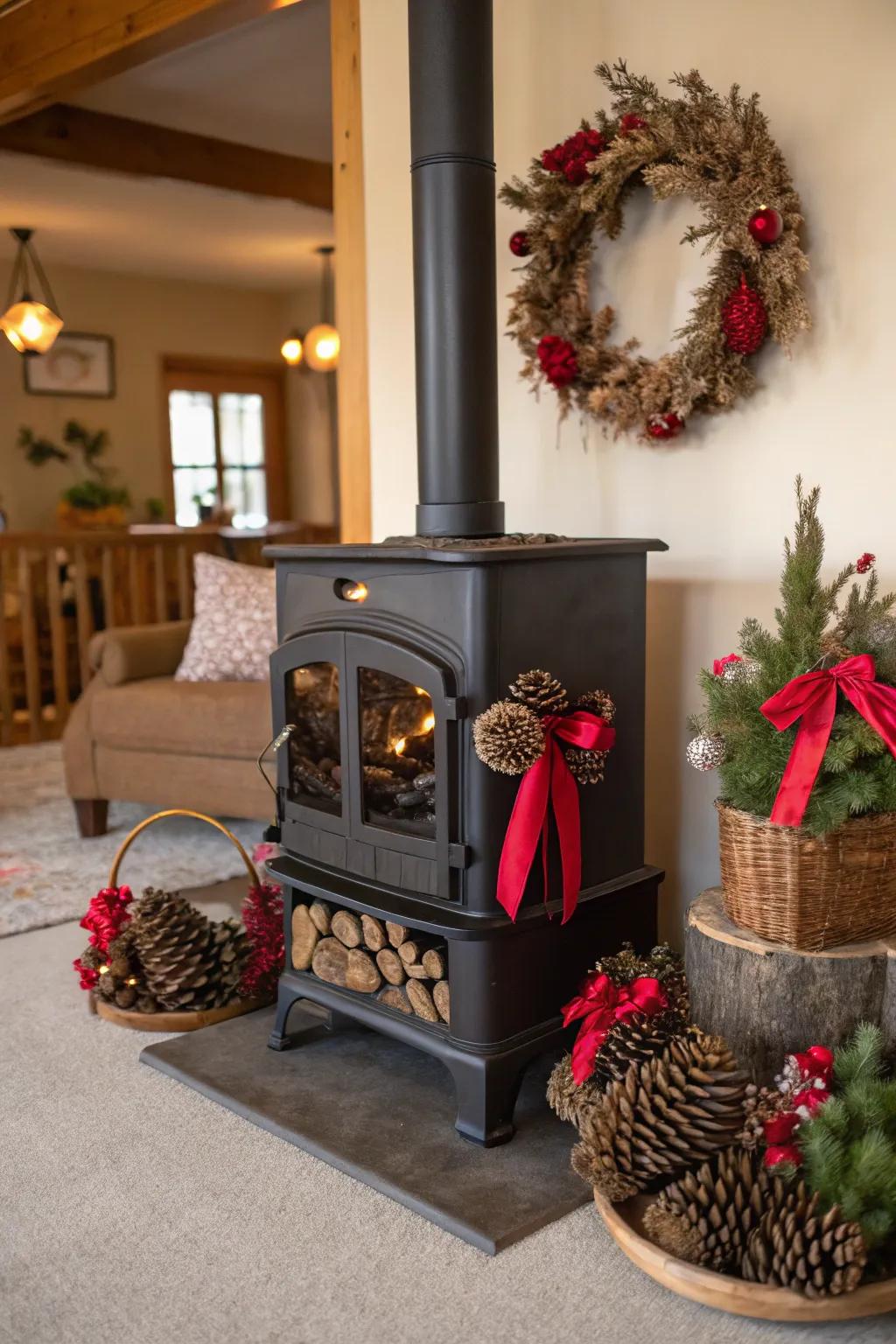 A wood stove adorned with seasonal decor, bringing a festive touch to the home.