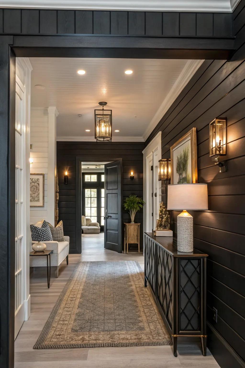 Dramatic entryway featuring a bold black shiplap wall.