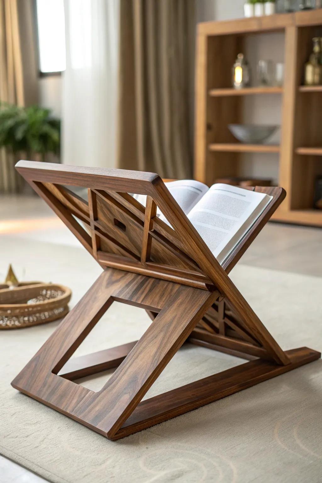 Elevate your reading nook with this stunning geometric wooden book stand, where craftsmanship meets modern design.