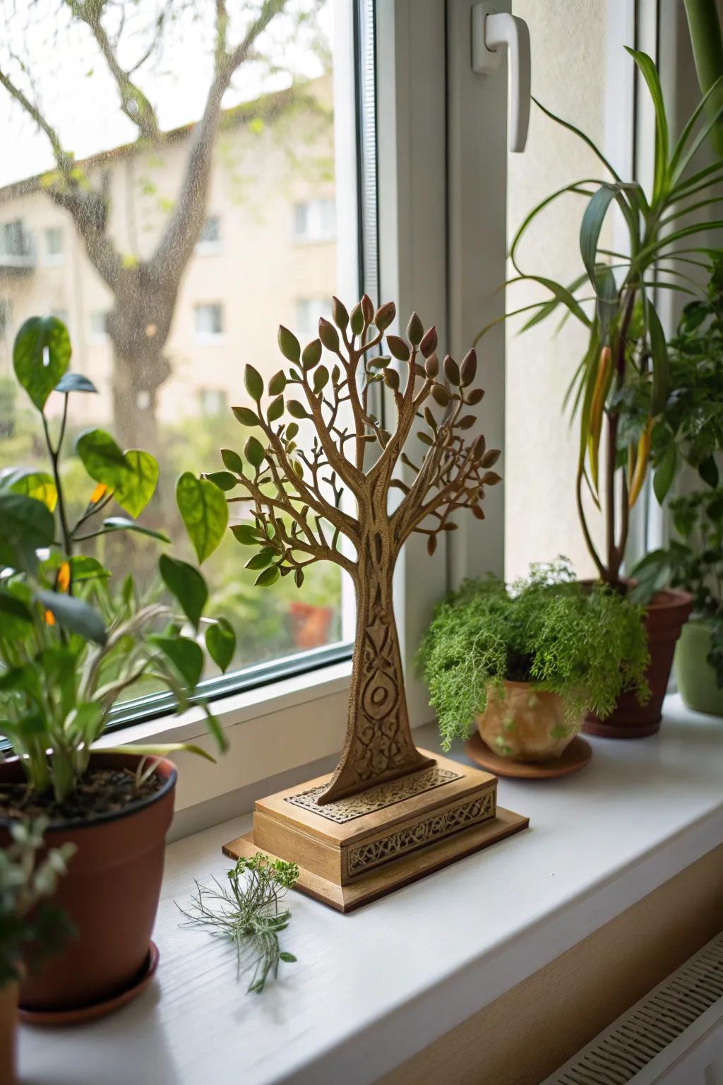 Wooden tree trophies celebrate nature and sustainability.