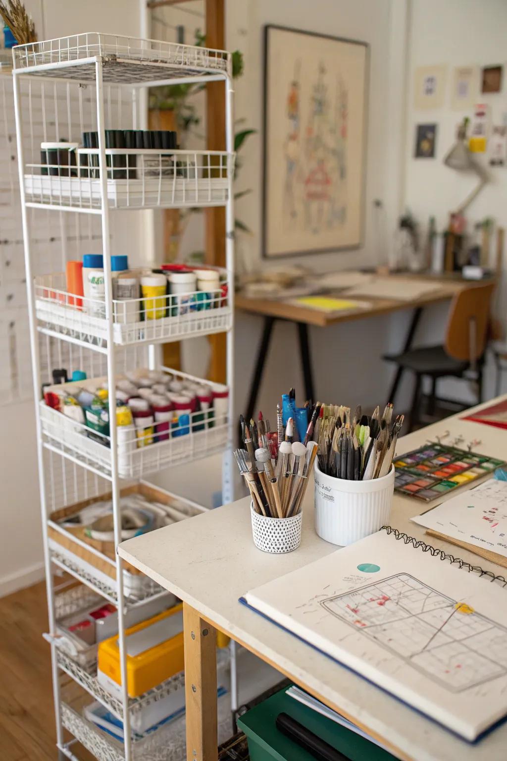 Wire shelving keeps your workspace open and organized.