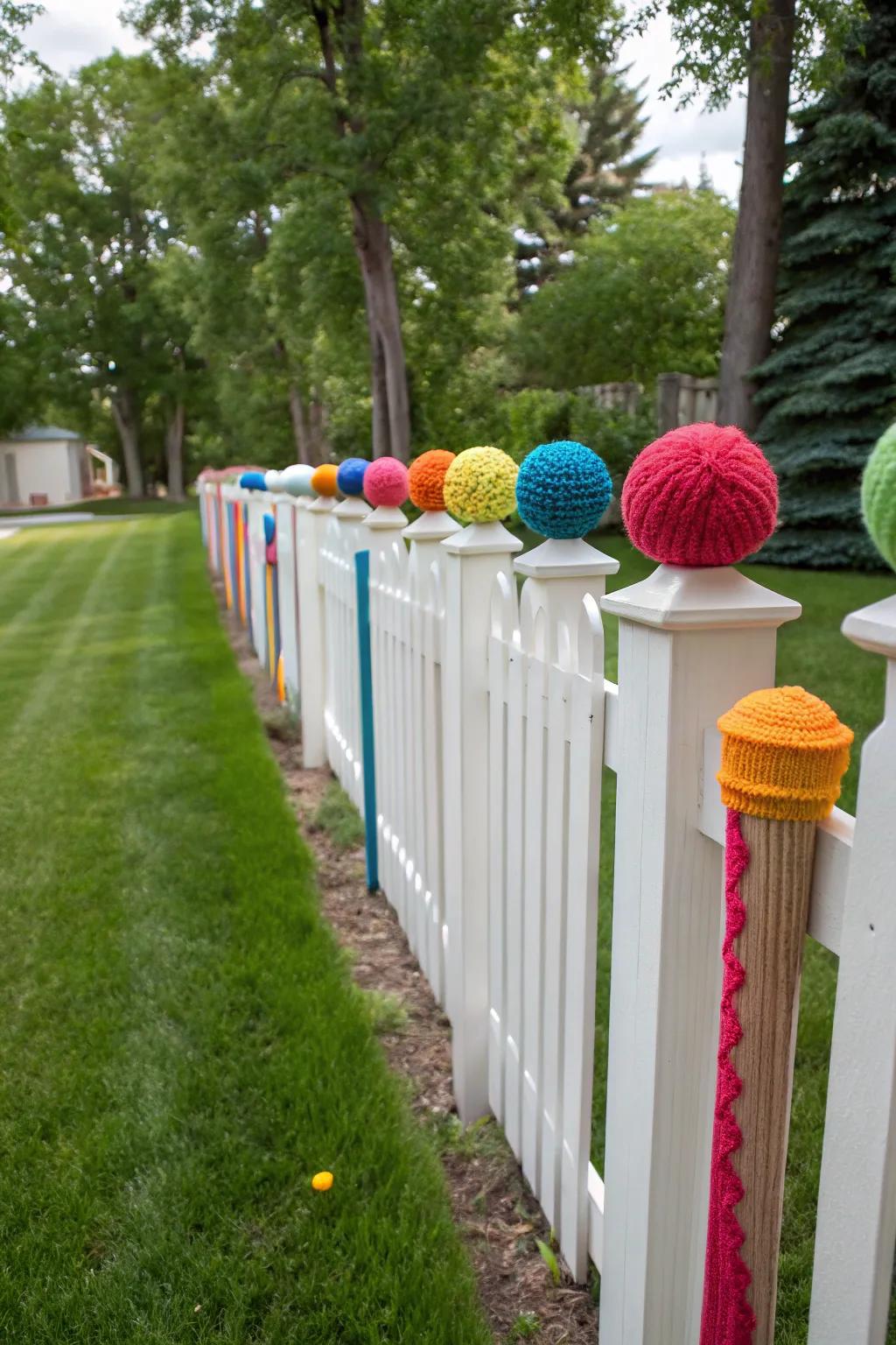 Yarn toppers add a playful touch to backyard fence posts.