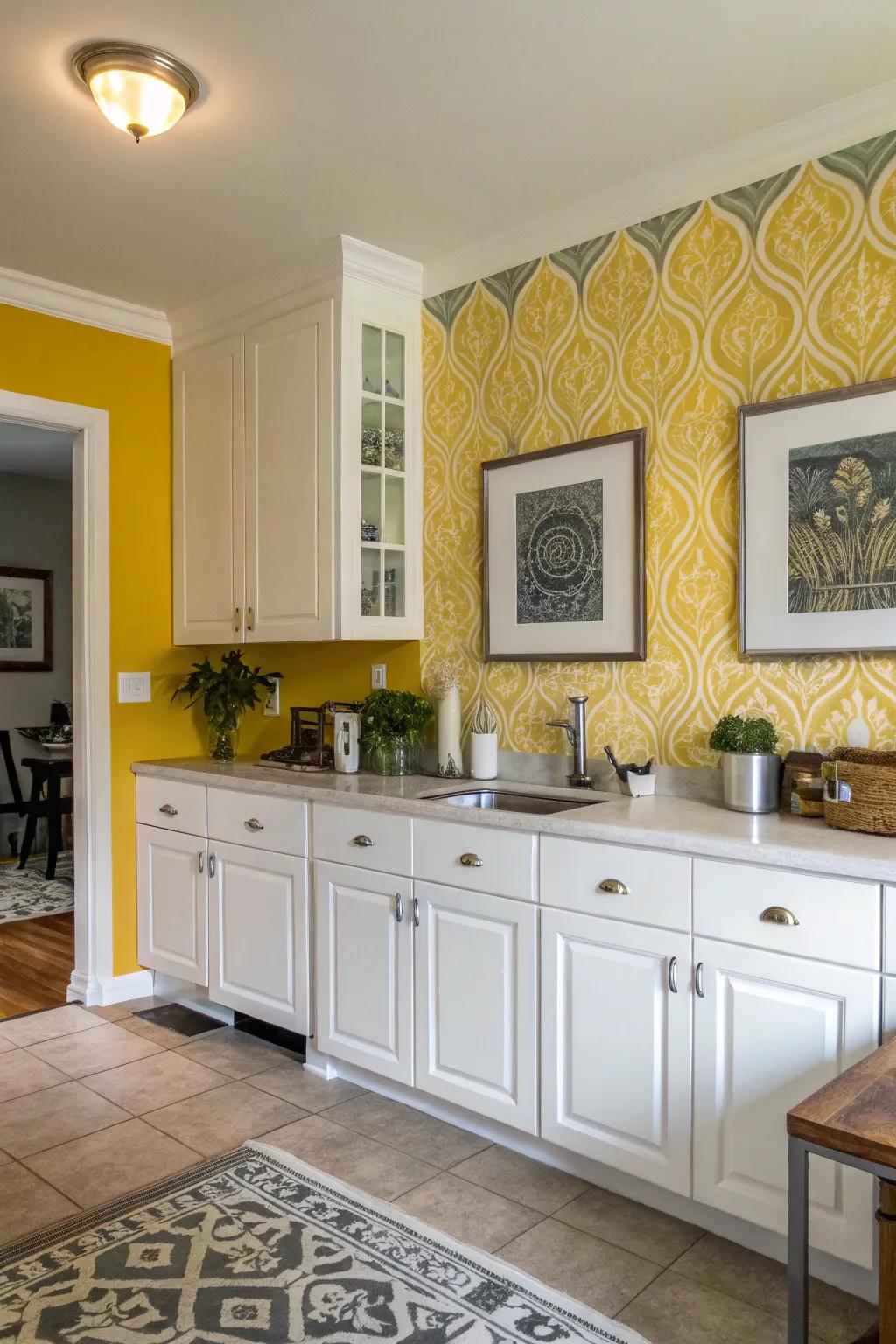 Wall art in yellow and grey brings character and charm to the kitchen.