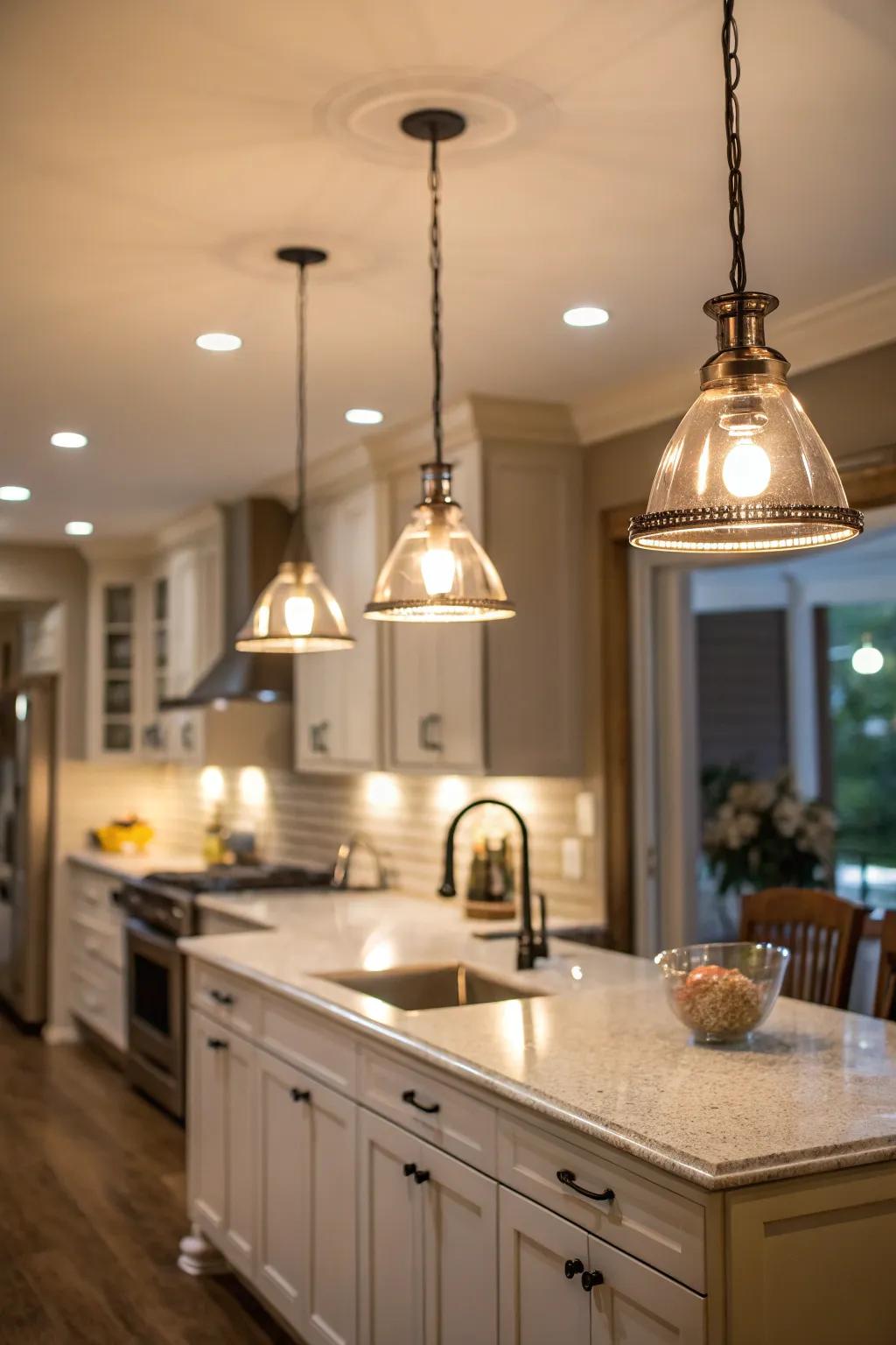 Layered lighting creates a warm and inviting ambiance in a small kitchen.