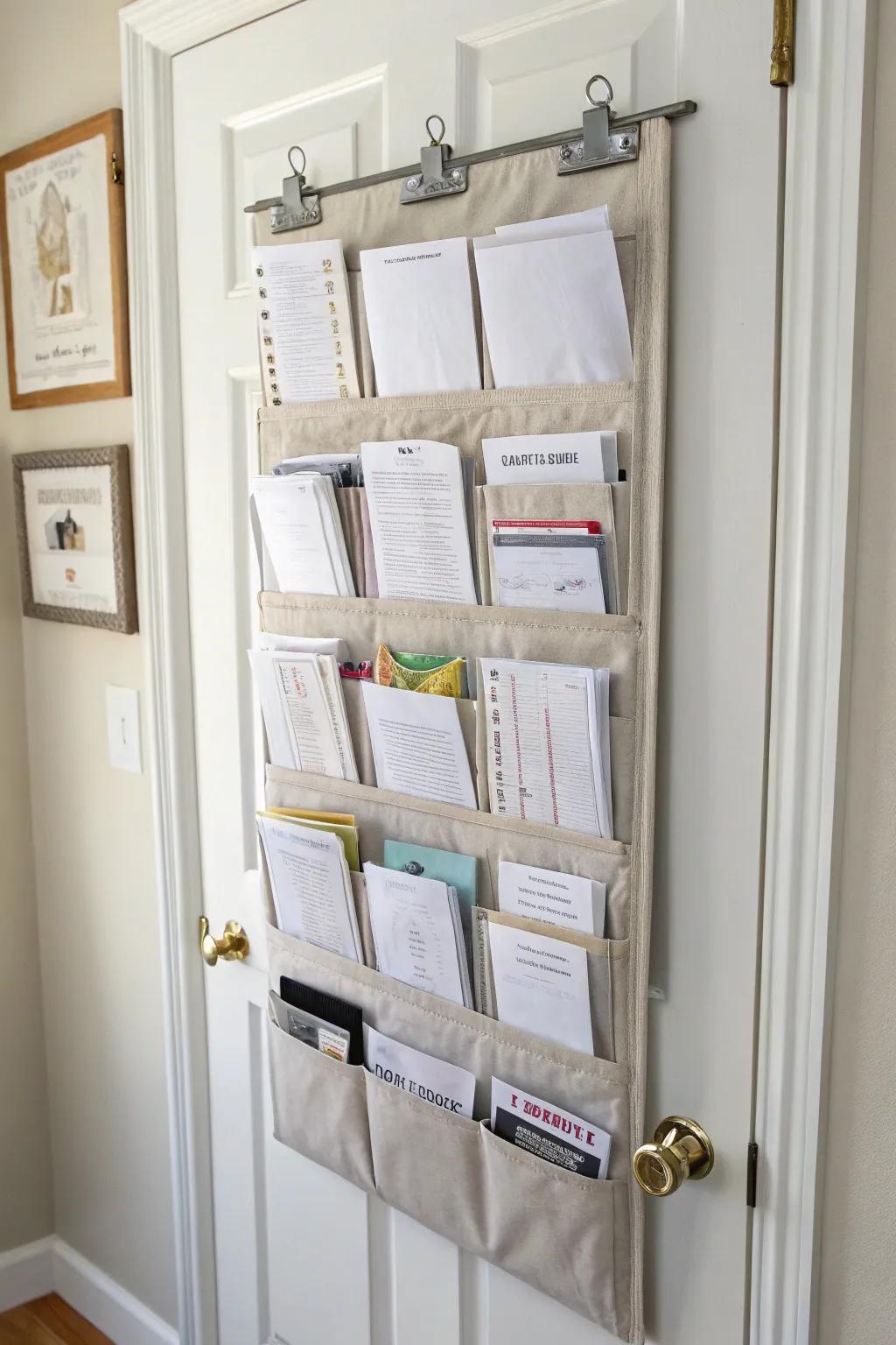 Over-the-door organizers provide additional storage space for seldom-used papers.