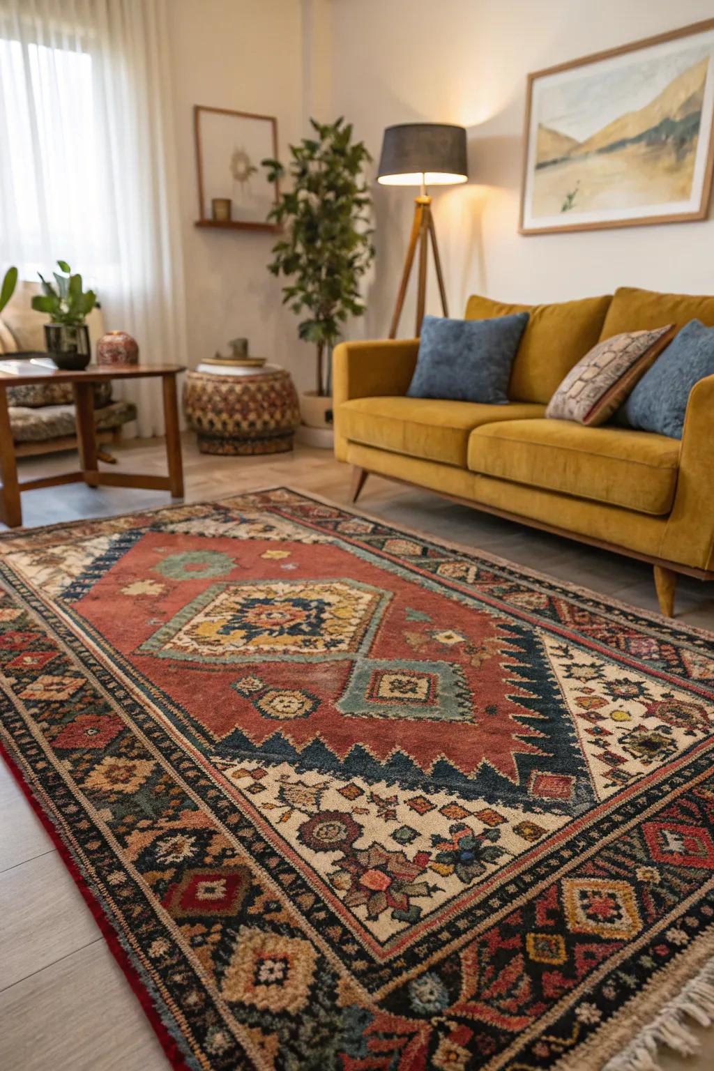 A vintage rug adds warmth and ties the room together beautifully.