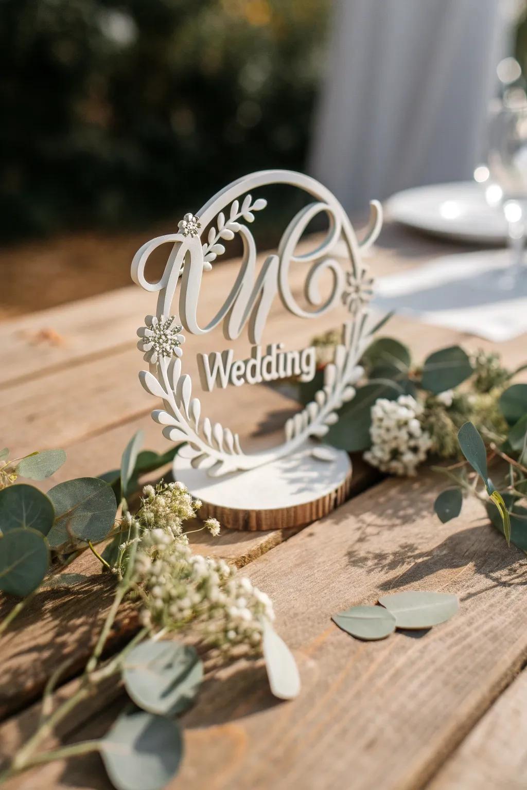 Elevate your wedding decor with a personalized 3D printed logo that captures simplicity and elegance.